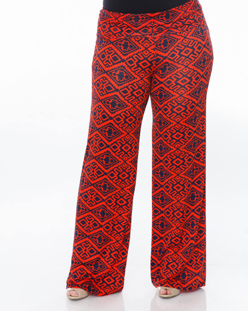 Front of a model wearing a size 2X Orange Navy Print Palazzo Pants in Orange Navy by White Mark. | dia_product_style_image_id:250211
